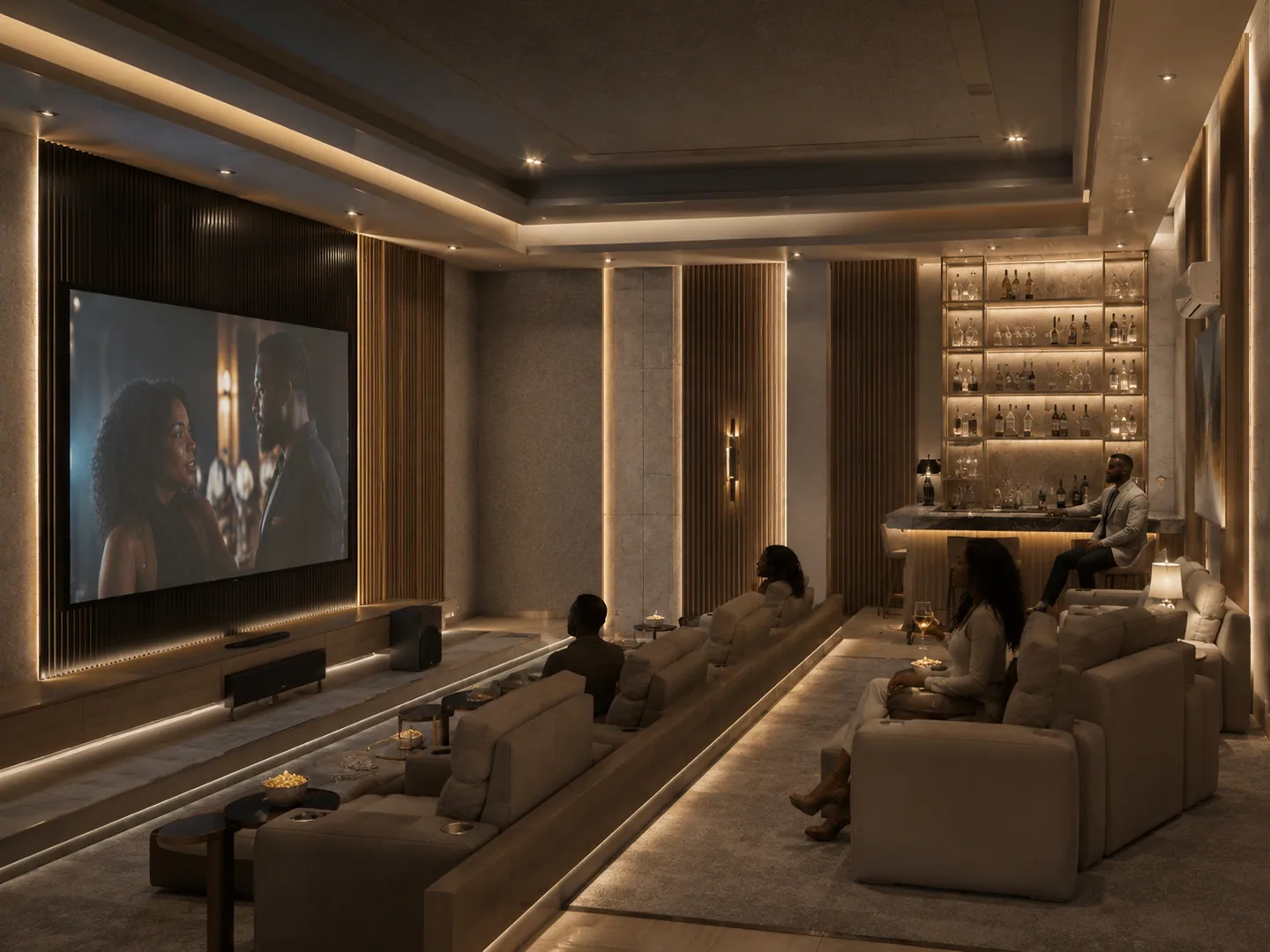 Private cinema/screening room: tiered lounge seating, large wall-mounted screen showing a film, bar with backlit shelving at rear.
