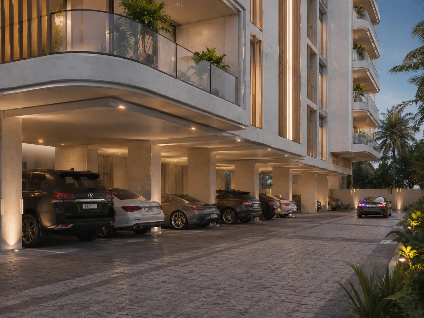 Ground-floor covered parking court beneath the building overhang, several cars parked, balconies visible above.