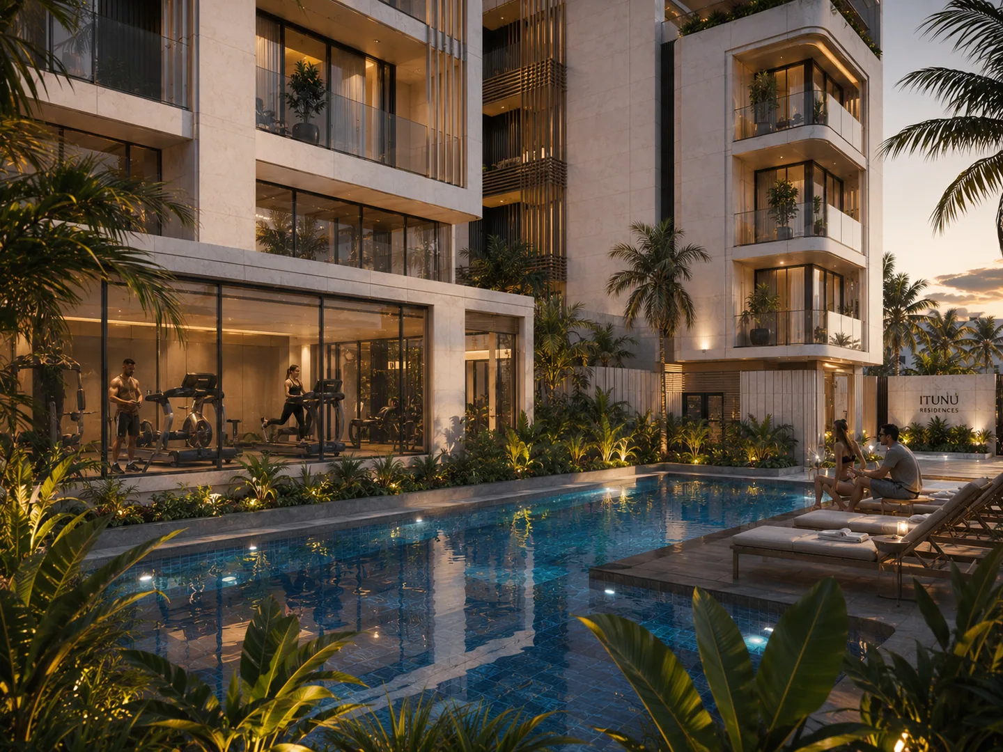 Poolside view with gym visible through glass at left, two residents relaxing on loungers at the pool's edge, building facade above.