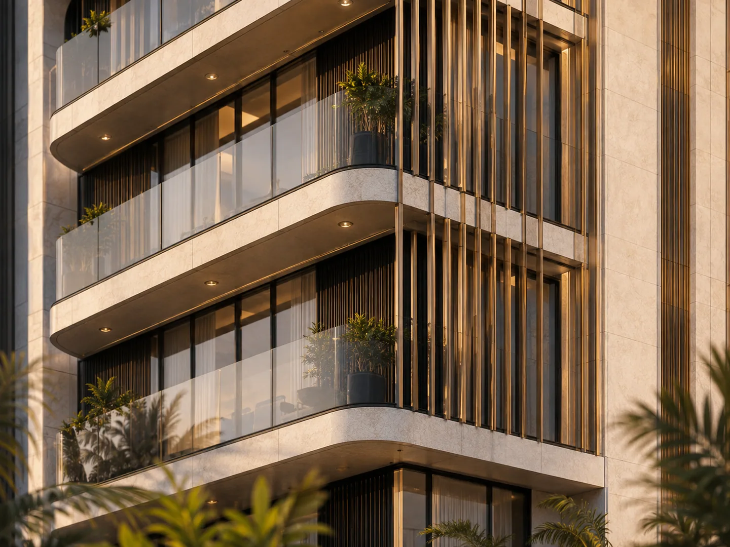 Close-up architectural detail of stacked balconies at the building corner, golden-hour side light raking across timber slat screens and planters.