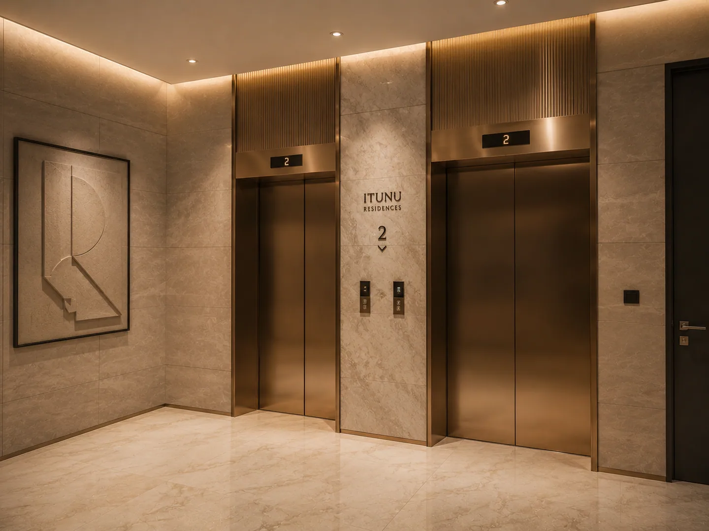 Elevator lobby on floor 2: twin bronze-clad elevator doors, 'ITUNU RESIDENCES' floor signage, framed abstract artwork on the wall.