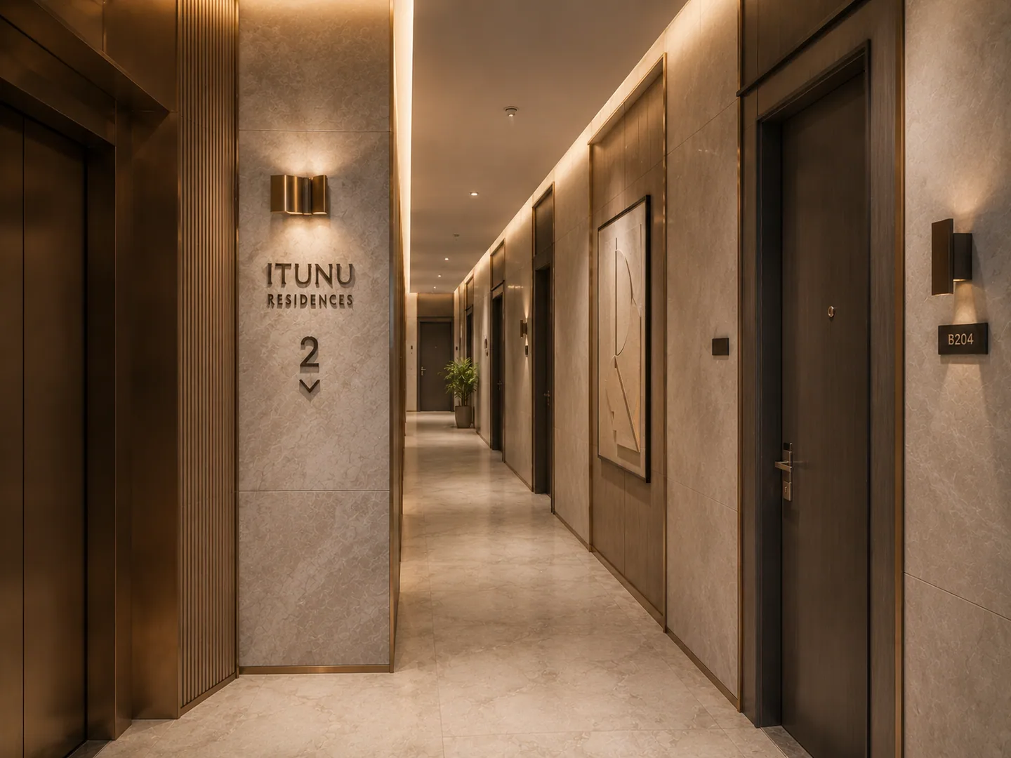 Residential corridor on floor 2, doors leading to individual units, wall sconces and framed art along the length of the hallway, 'ITUNU RESIDENCES' signage at the elevator core.