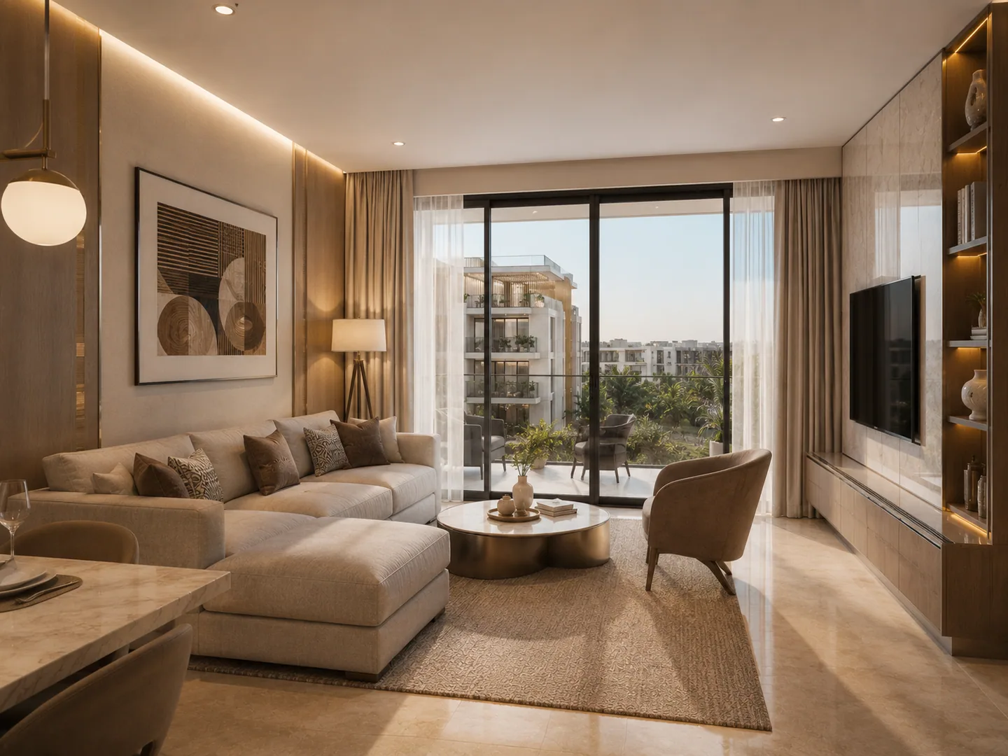 Living room facing the balcony: sectional sofa, round coffee table, floor-to-ceiling window/door to a small balcony with neighboring buildings visible beyond.
