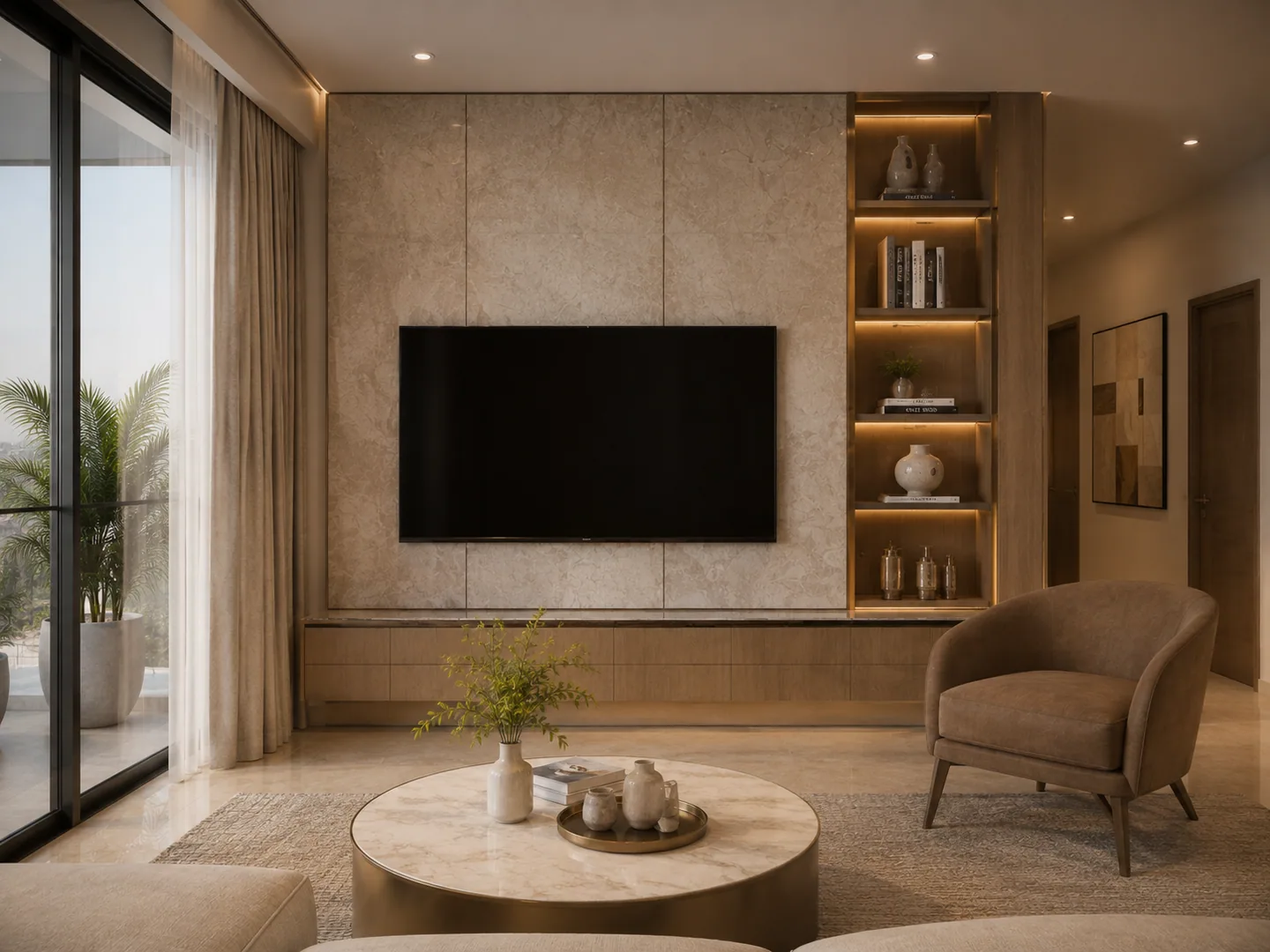 Same living room as image-031, reverse angle facing the TV feature wall with built-in display shelving, armchair at right, balcony door visible at left edge.