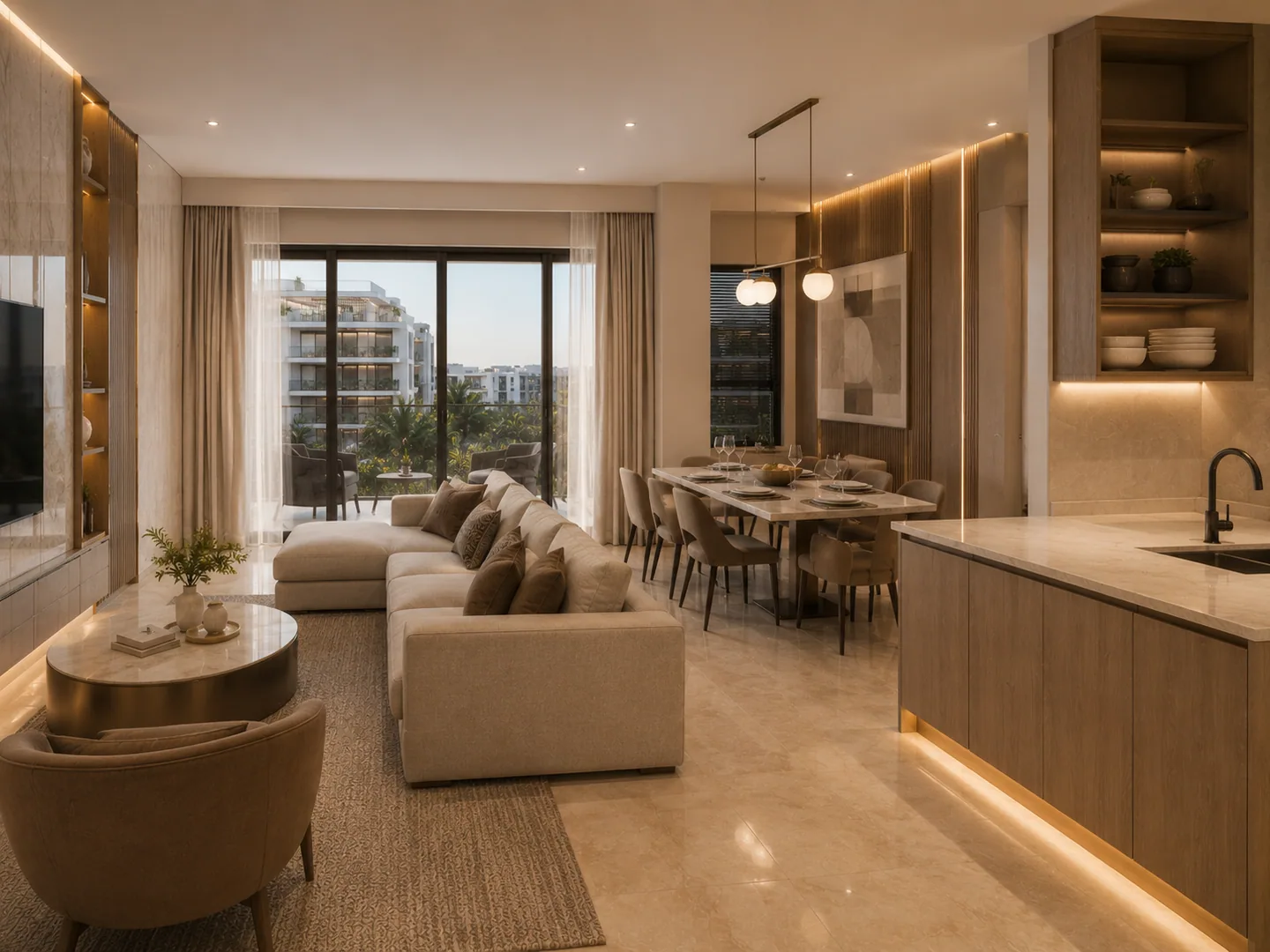 Wide shot of the same unit's open-plan living, dining, and kitchen area in a single frame, balcony visible at rear.