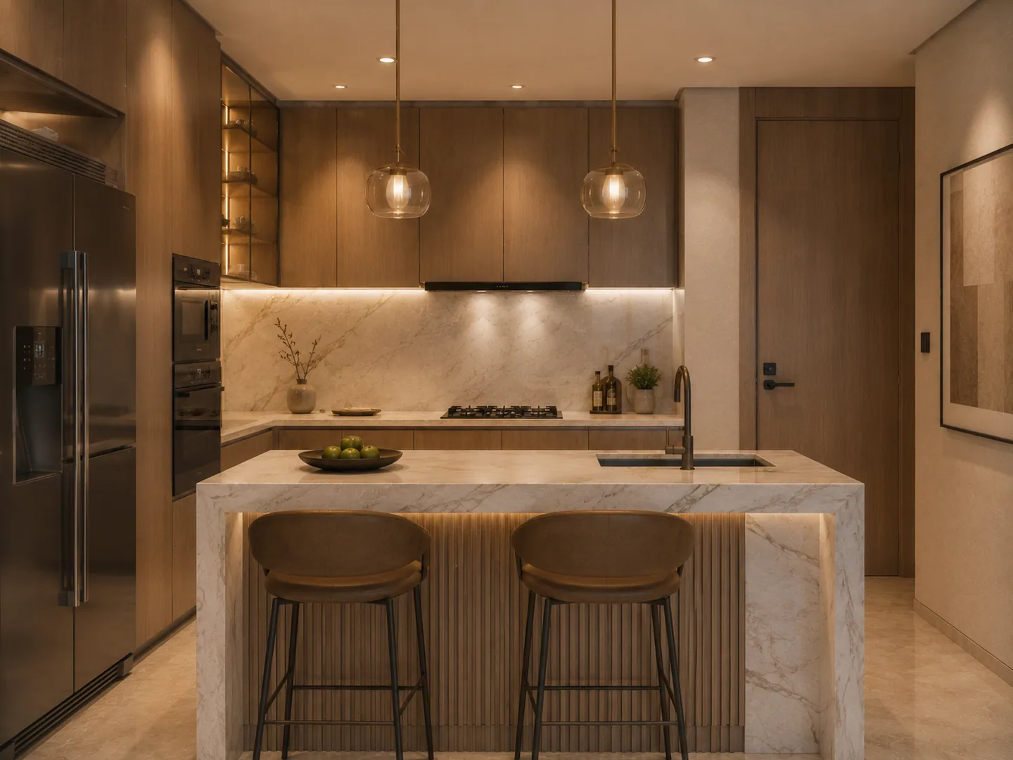 Kitchen in the same unit as image-033: dark integrated cabinetry, marble waterfall island with two bar stools, pendant lighting, built-in fridge and oven.