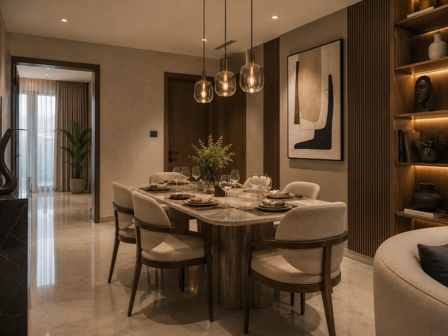 Dedicated dining room: round wood table set for a meal, pendant light cluster above, framed abstract art, styled bookshelf niche at right.