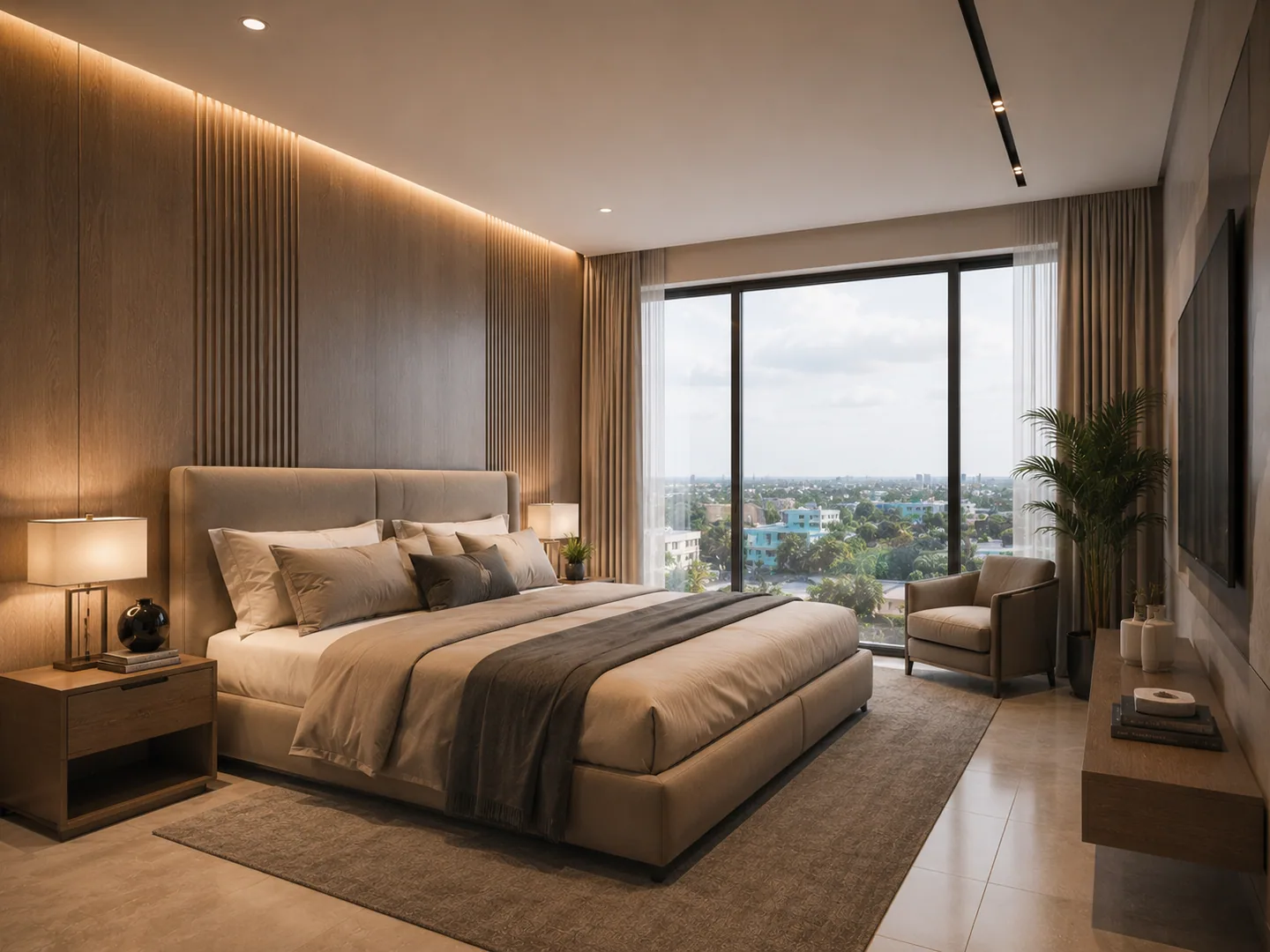 Master bedroom: upholstered bed against a wood-slat feature wall, floor-to-ceiling window with skyline view, armchair and TV at right.