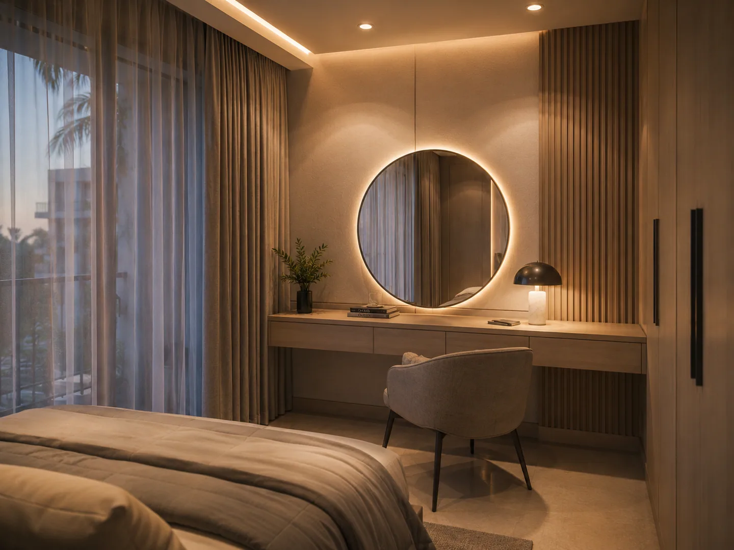 Same master bedroom as image-037, reverse angle showing a dressing/vanity nook with a backlit round mirror and built-in wardrobe.