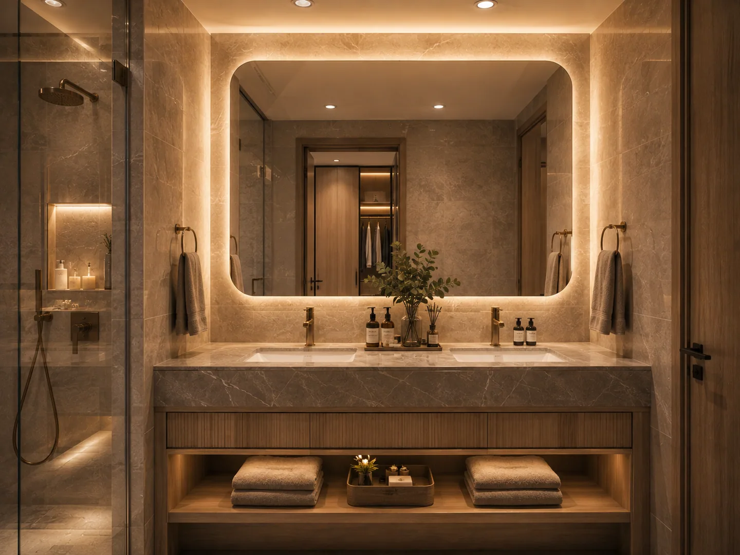 Master en-suite bathroom: double vanity with backlit mirror, marble surfaces, glass-enclosed shower visible at left.