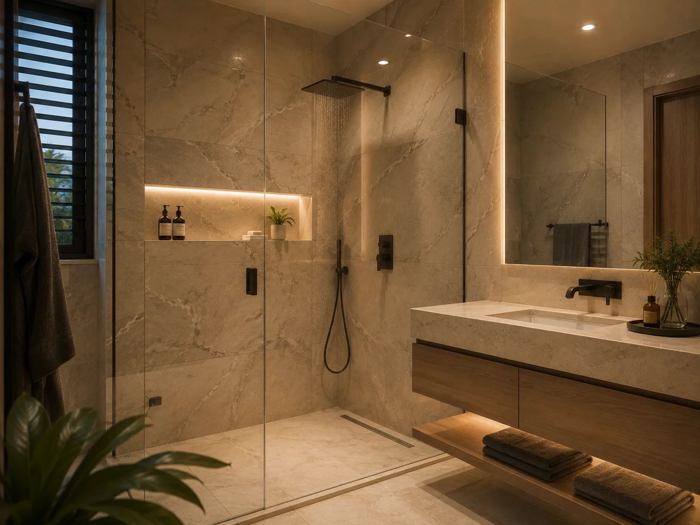 Same bathroom as image-039, angled to emphasize the walk-in glass shower with rain showerhead and built-in niche.
