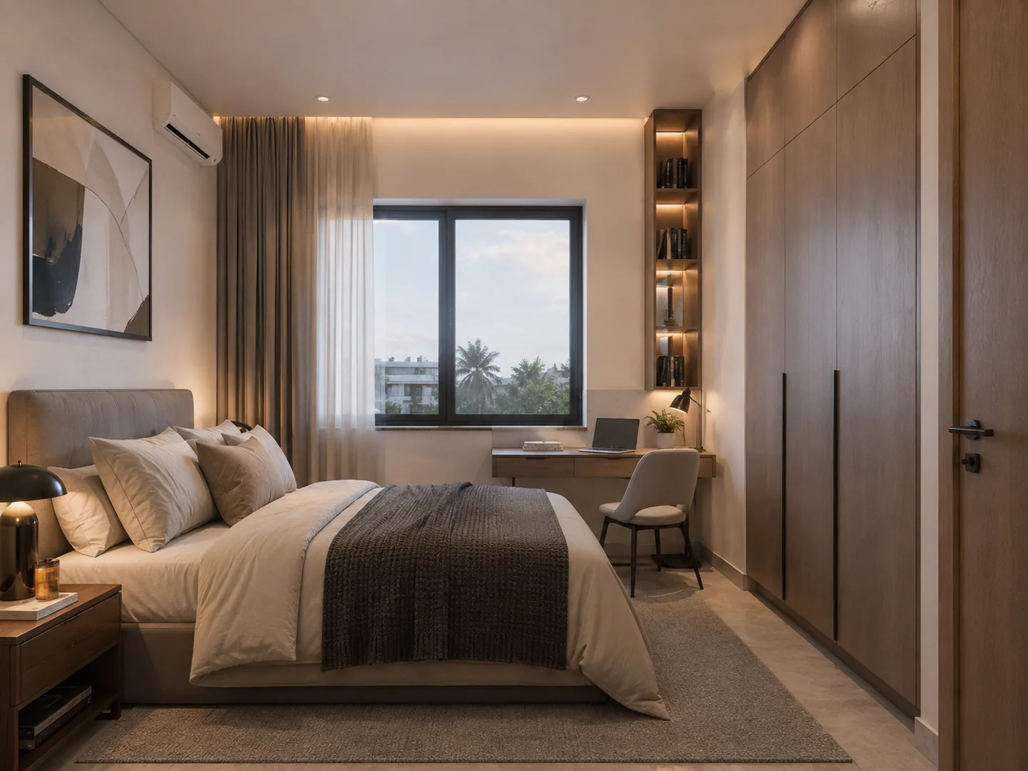 Second bedroom: simpler than the master, a smaller bed with a framed abstract print above, a compact desk and chair, wardrobe, window with a partial building view.