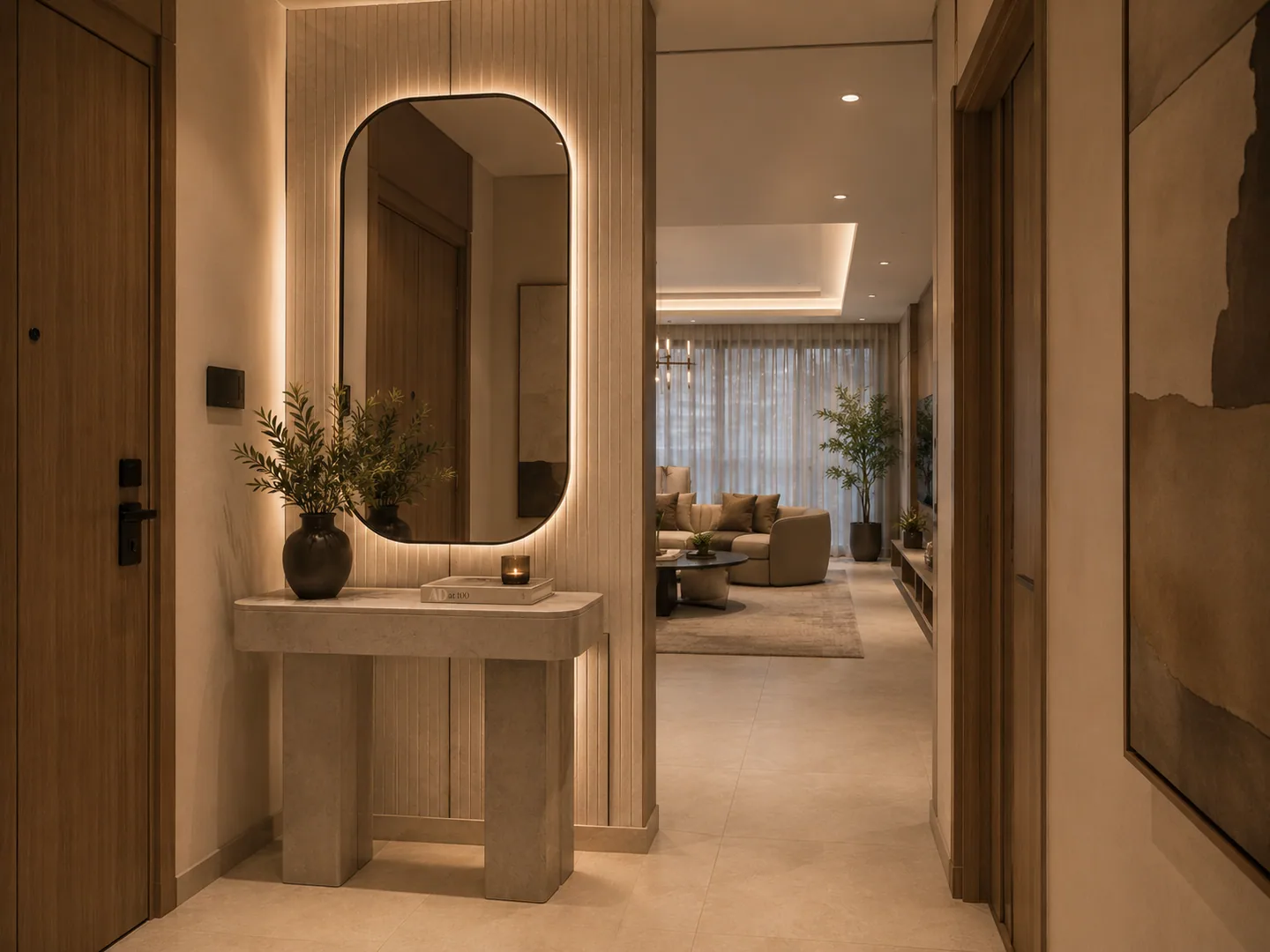 Entry foyer: front door at left, console table with a backlit oval mirror, open doorway framing a view straight through to the living room beyond.