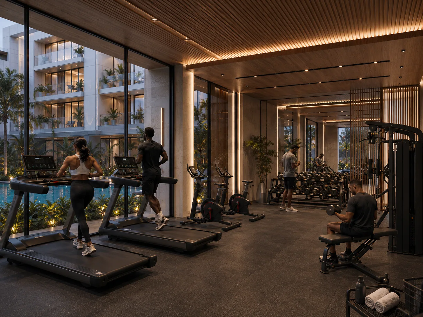 Gym interior, effectively identical to image-008: two residents on treadmills facing the glass wall overlooking the pool.