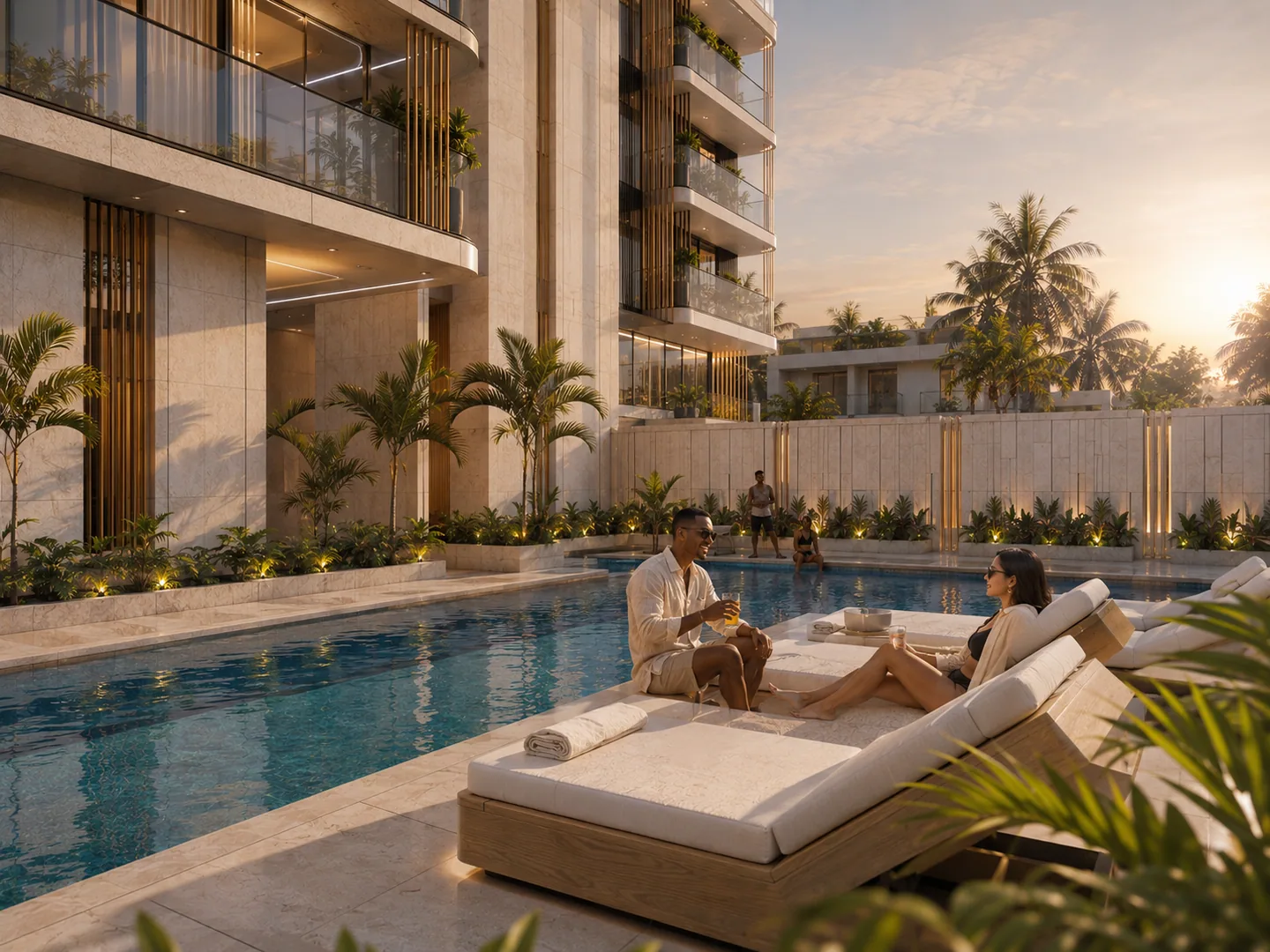 Poolside daytime scene: a couple relaxing on loungers at the pool's edge, other residents visible in the background, building facade and landscaping surrounding the pool.