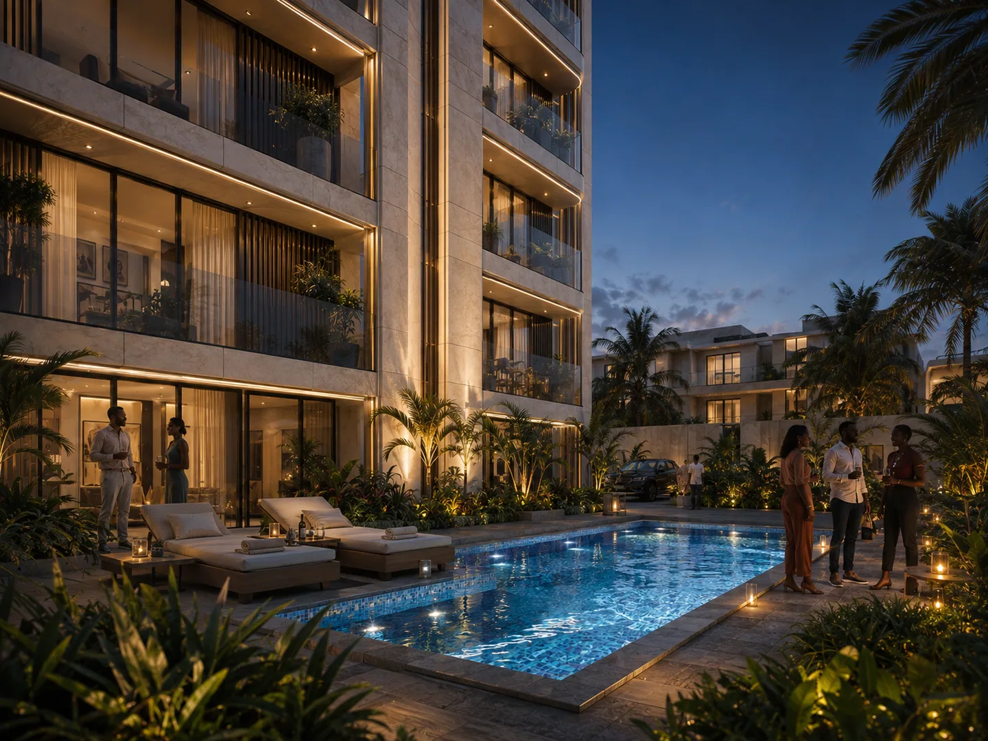 Same pool at blue hour/night: a group of friends socializing poolside, underwater pool lighting, building facade glowing warmly above.