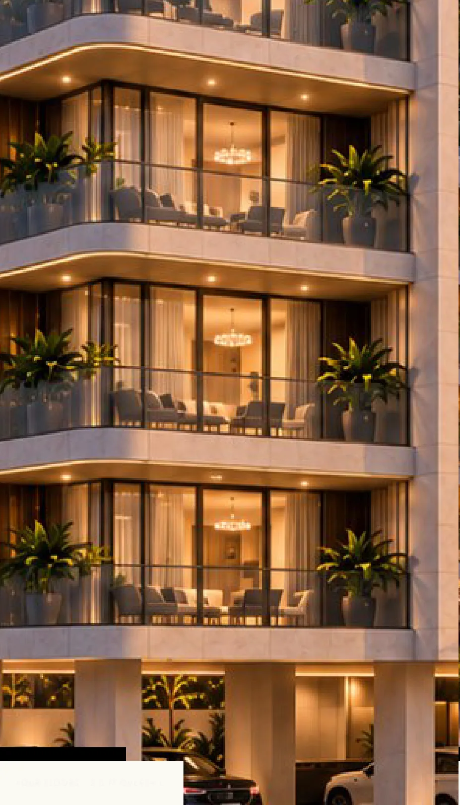 Close vertical crop of the balcony stack: four floors of curved, cove-lit slab edges oversailing full-height glazing, planters on every terrace, warm light spilling from the interiors.