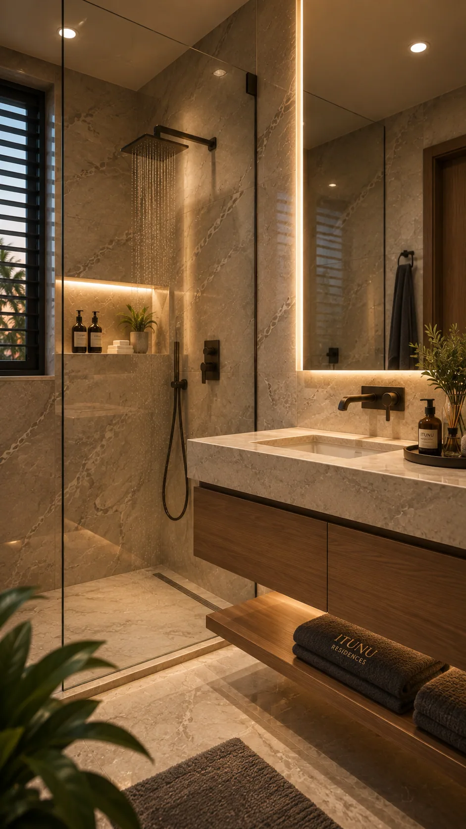 Portrait bathroom combining vanity and glass shower in one frame, similar material language to image-039/040, 'ITUNU'-branded towels visible.