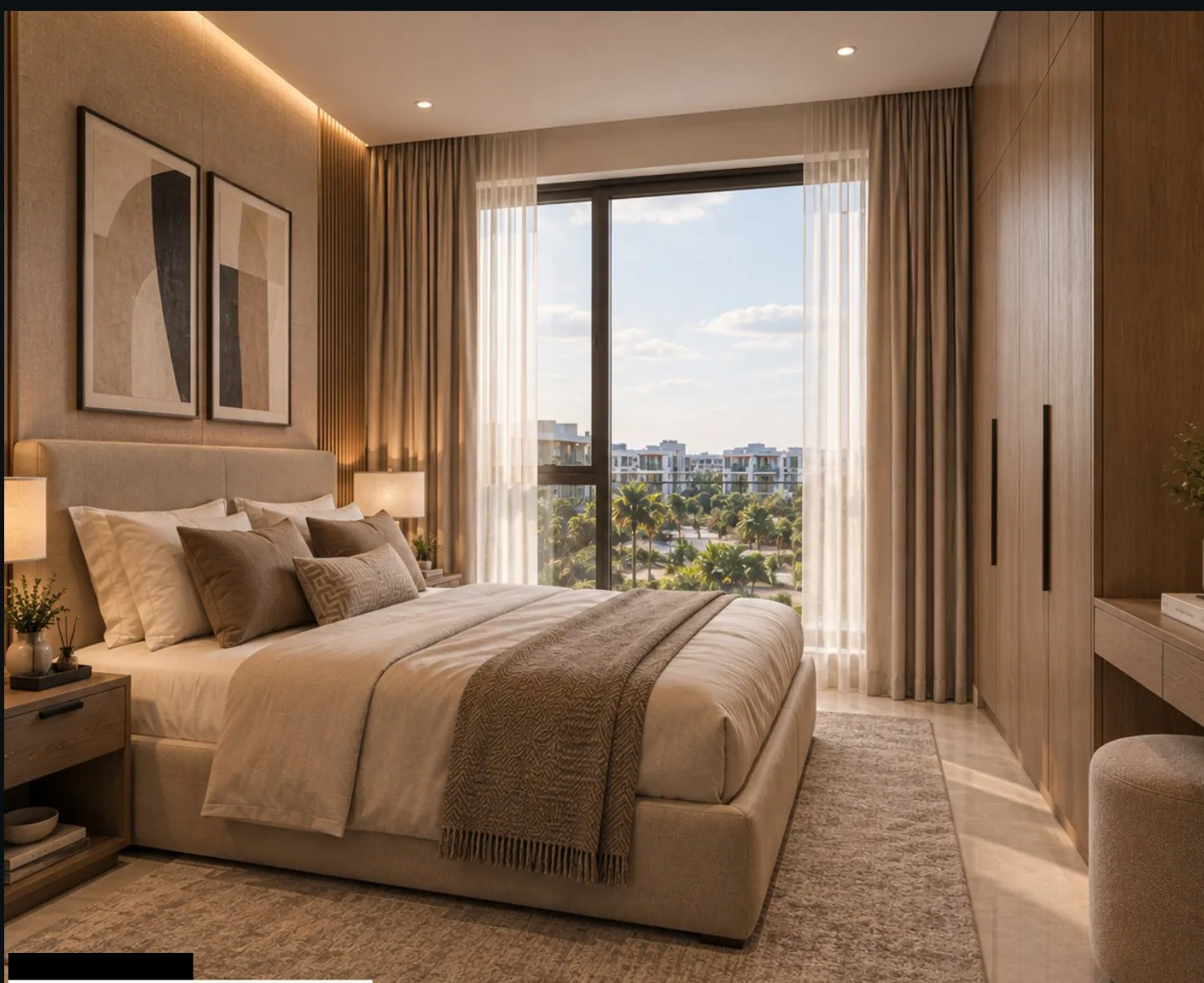 Third bedroom: bed between two nightstands with a pair of framed prints above, floor-to-ceiling window with sheer curtains, fitted timber wardrobe at right, upholstered pouffe.