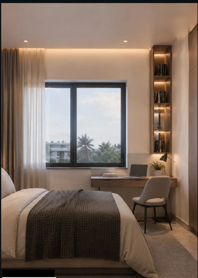 Second bedroom: bed with a knitted throw, a compact desk and chair under the window, tall backlit bookshelf niche at the right, view out to palms and neighbouring roofs.