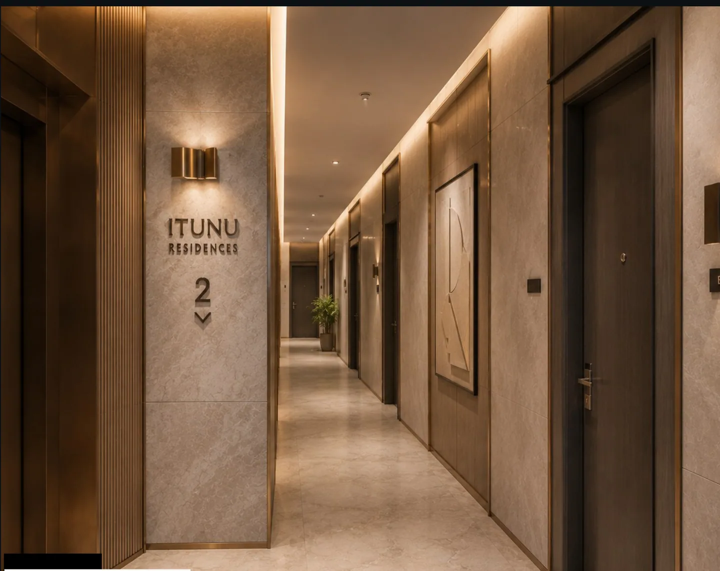 Residential corridor on floor 2: apartment doors along the right, wall sconces and framed art, floor signage on the stone pier at the lift core, planting at the far end.