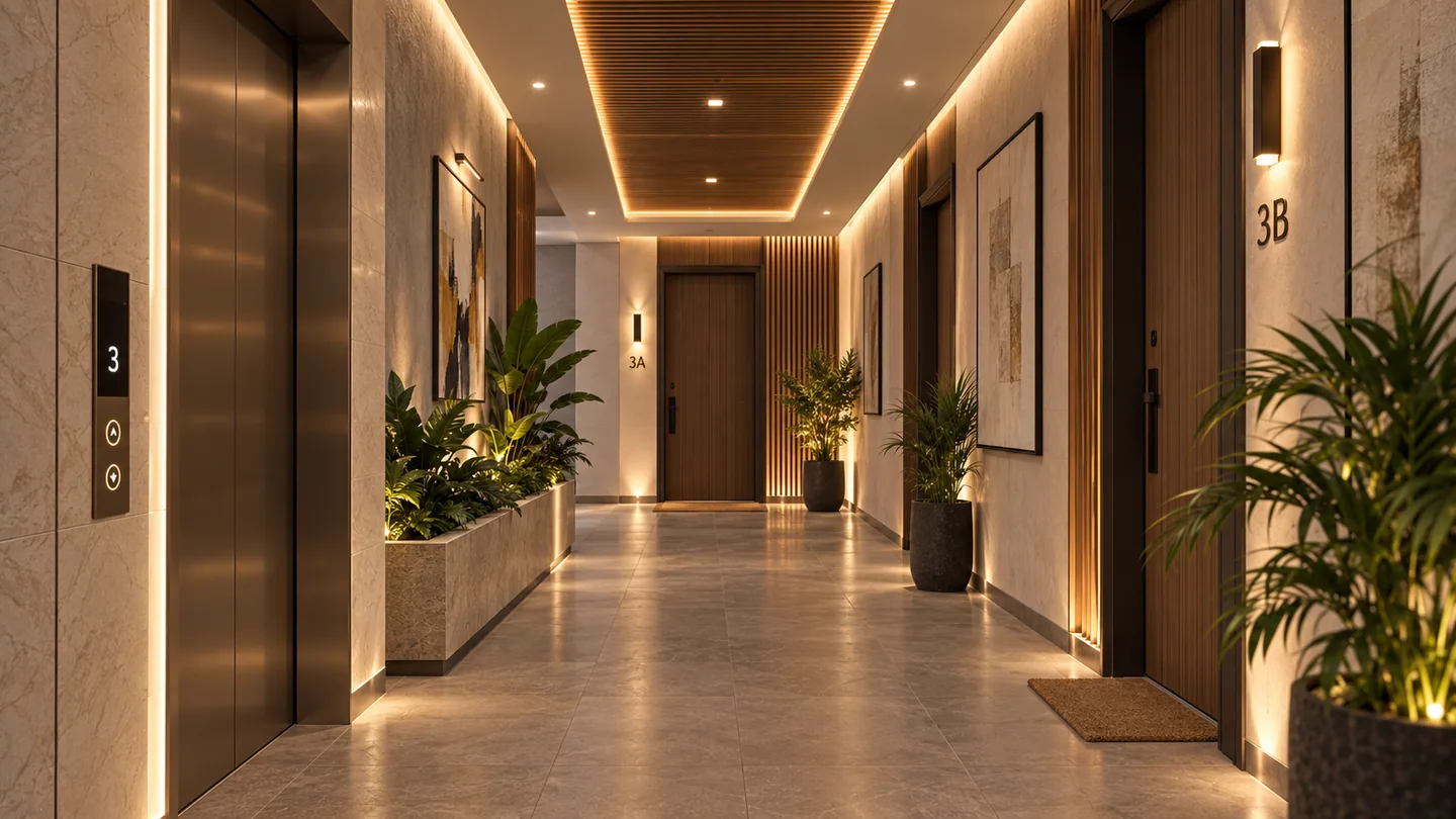 Landscape corridor on floor 3, unit '38' doormat visible, planters lining the hallway — slightly different design language (more greenery) than image-027's corridor.