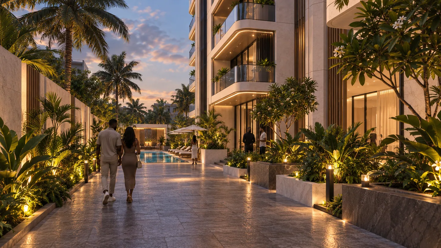 Landscape walkway shot: a couple walking along a landscaped path beside the building toward the pool at dusk.