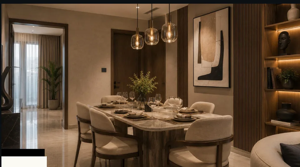 Dining area set for a meal beneath a cluster of glass pendants, fluted timber wall behind, backlit display niche at right, doorway through to the hall.