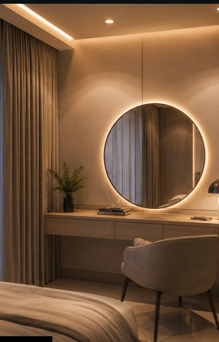 Dressing nook in the master bedroom: large backlit round mirror over a fitted timber counter, upholstered stool, curtains drawn at the window edge.