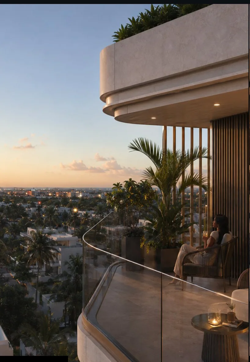 Looking up at the curved underside of a terrace slab at dusk, a figure seated on the terrace below it, planting at the balustrade, bronze fins and the skyline beyond.