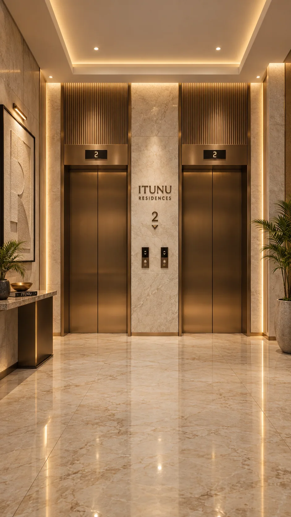 Portrait view of the floor-2 elevator lobby, same bronze-clad door design as image-026, with a console table added.