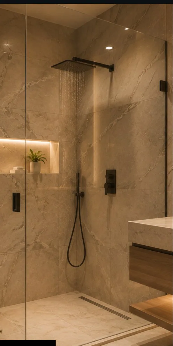 Walk-in shower behind frameless glass: stone-clad walls, rain head and hand shower in matt black, a lit recessed niche, timber bench at the side.