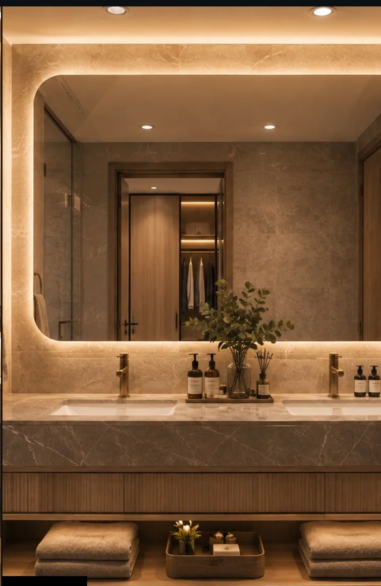 Master en-suite: double vanity with twin basins and brushed brass taps under a large backlit mirror, stone-clad walls, folded towels on an open shelf below, walk-in wardrobe visible through the doorway.