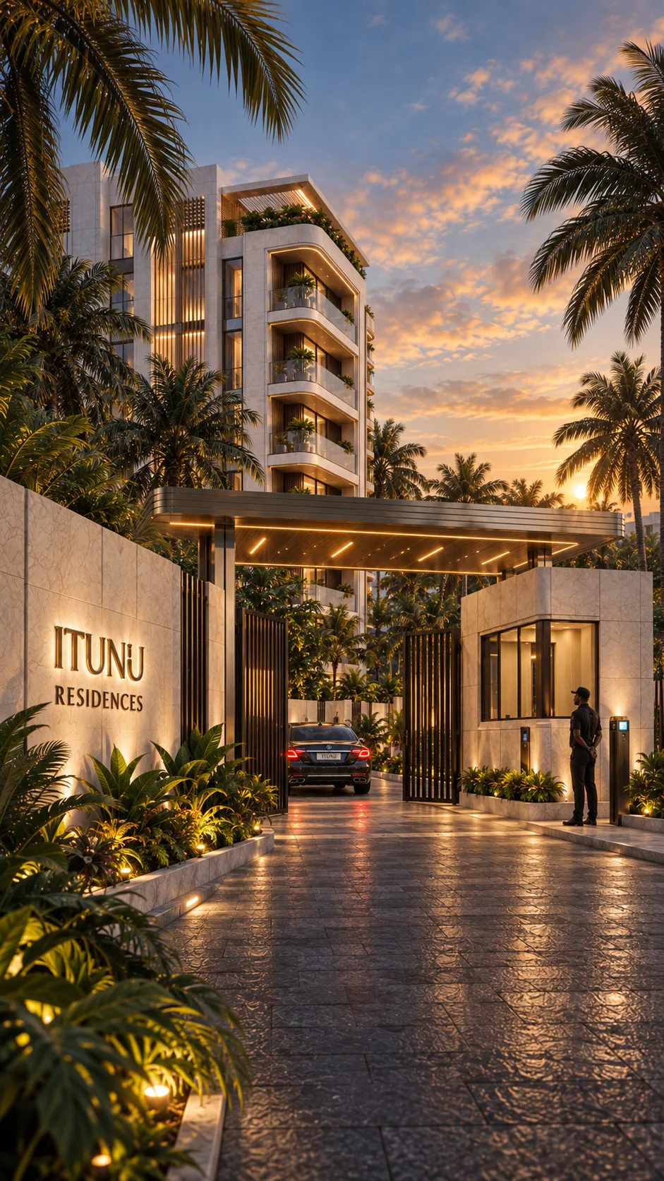 Portrait view of the entry driveway: arriving car, security guard at the gate, 'ITUNU RESIDENCES' wall signage, sunset light.