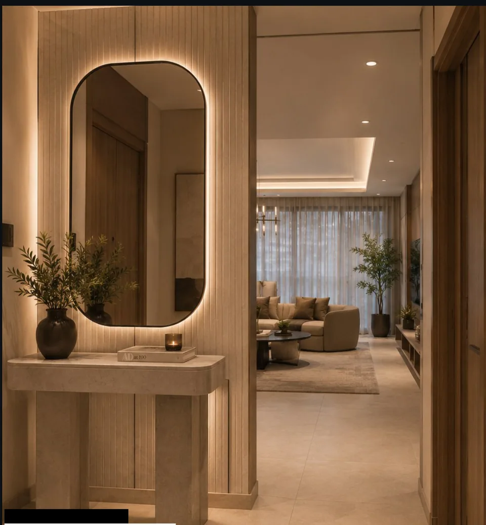 Apartment entrance hall: backlit oval mirror above a stone console, fluted timber wall, view through to the living room and terrace glazing beyond.