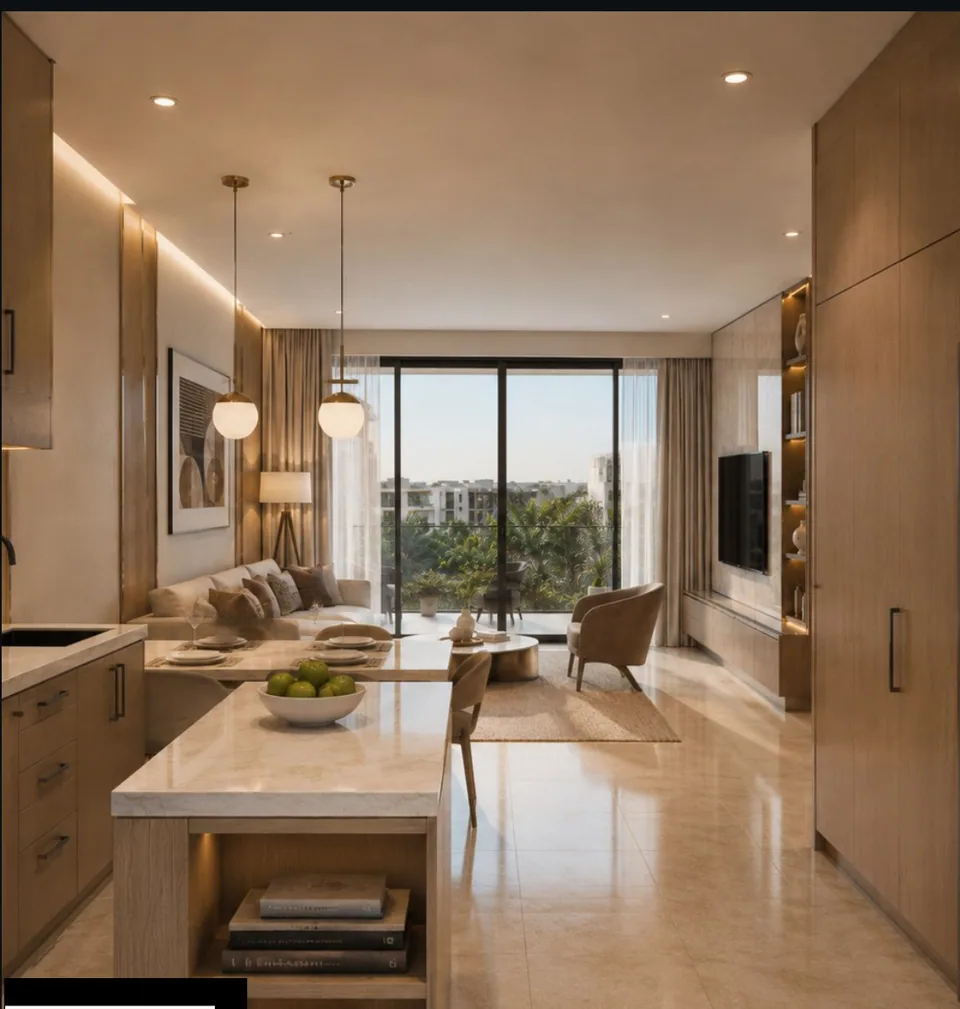 Galley-format kitchen variant looking through to the living area and terrace glazing: long marble-topped run with open shelving beneath, oak cabinetry, twin globe pendants.