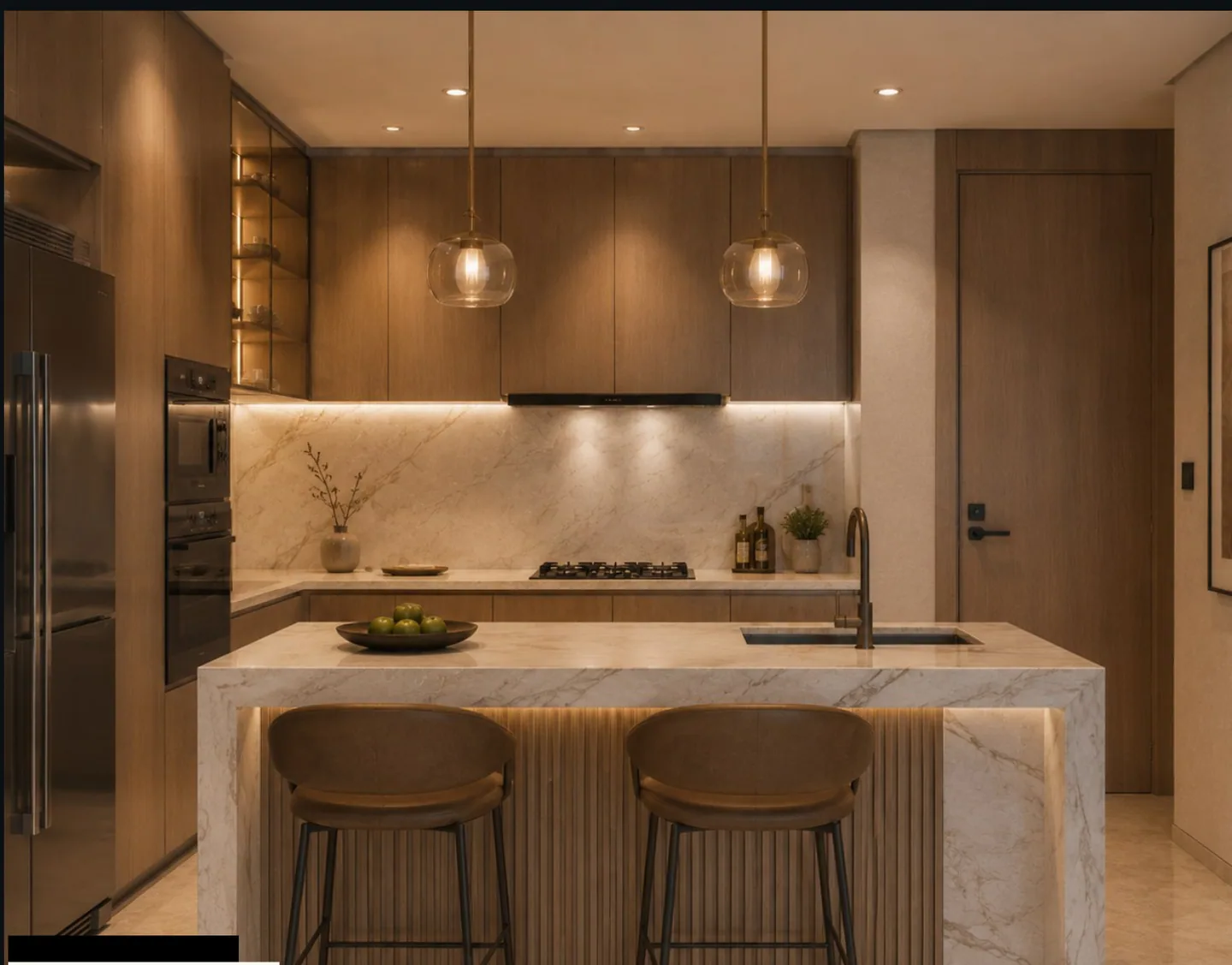 Kitchen with a marble waterfall island and two bar stools, fluted island front, oak veneer cabinetry, integrated fridge and ovens, marble splashback, twin glass pendants.