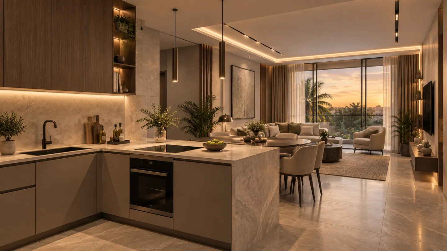 Wide open-plan kitchen/dining/living shot, same unit and sunset lighting as image-072 — the view from just inside the front door looking through the full apartment.