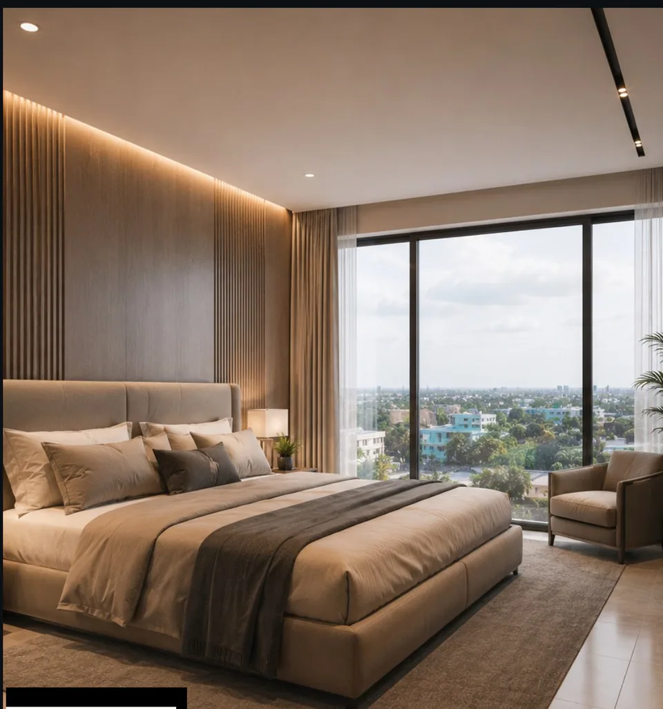 Master bedroom: upholstered bed against a fluted timber headboard wall, track lighting, armchair beside floor-to-ceiling glazing with a city view, large-format stone floor.