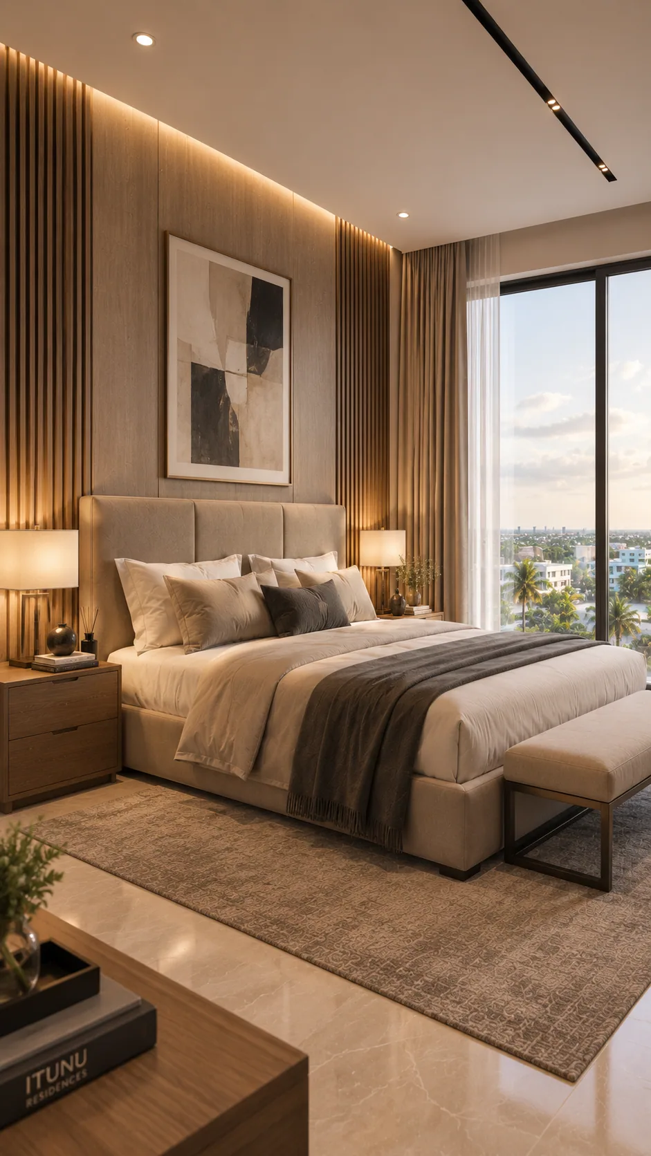 Portrait master bedroom, wood-slat headboard wall echoing image-037's style, skyline window, an 'ITUNU'-branded item visible on the side table.