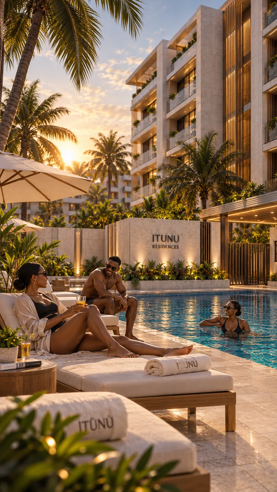 Portrait poolside lifestyle scene: sun umbrella, multiple residents lounging and swimming, 'ITUNU'-branded towels, 'ITUNU RESIDENCES' wall signage at poolside.