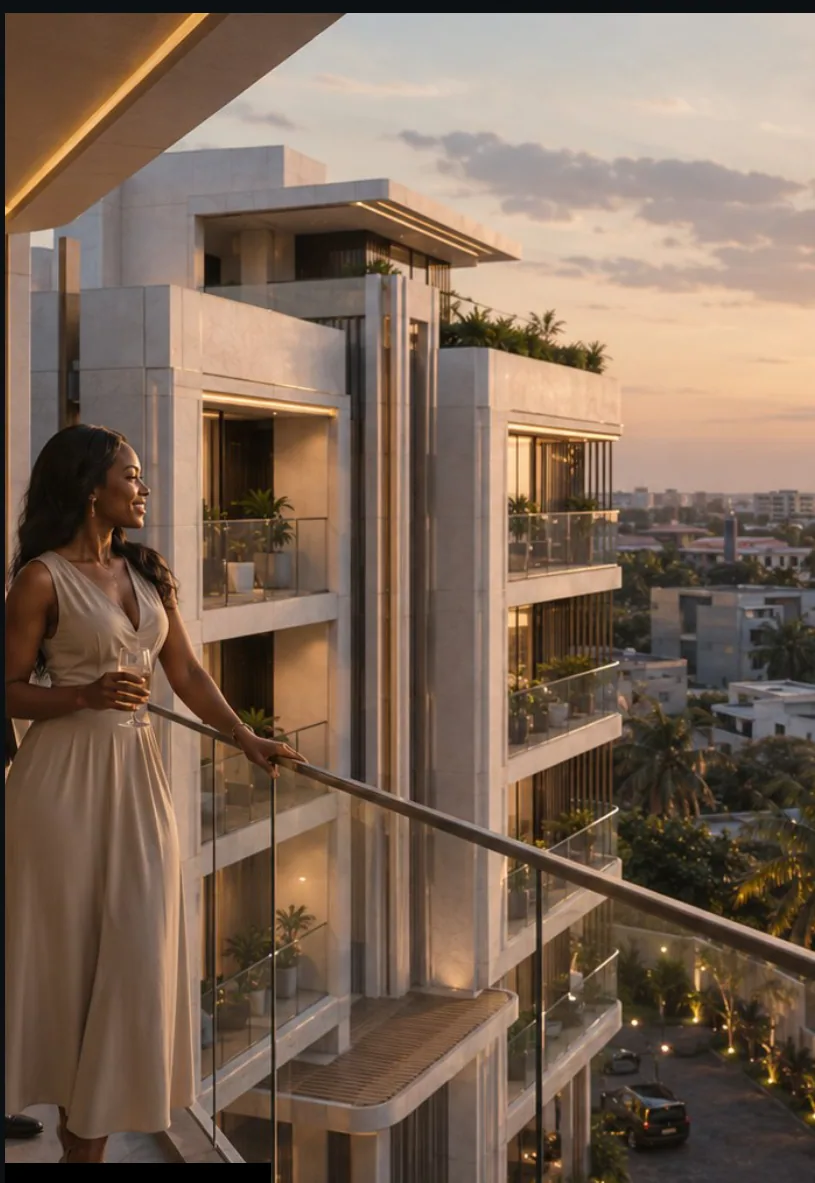 A woman standing at the glass balustrade of a private terrace holding a drink, looking out over the neighbourhood at sunset, the building's curved slab edges and planted terraces receding above and below her.