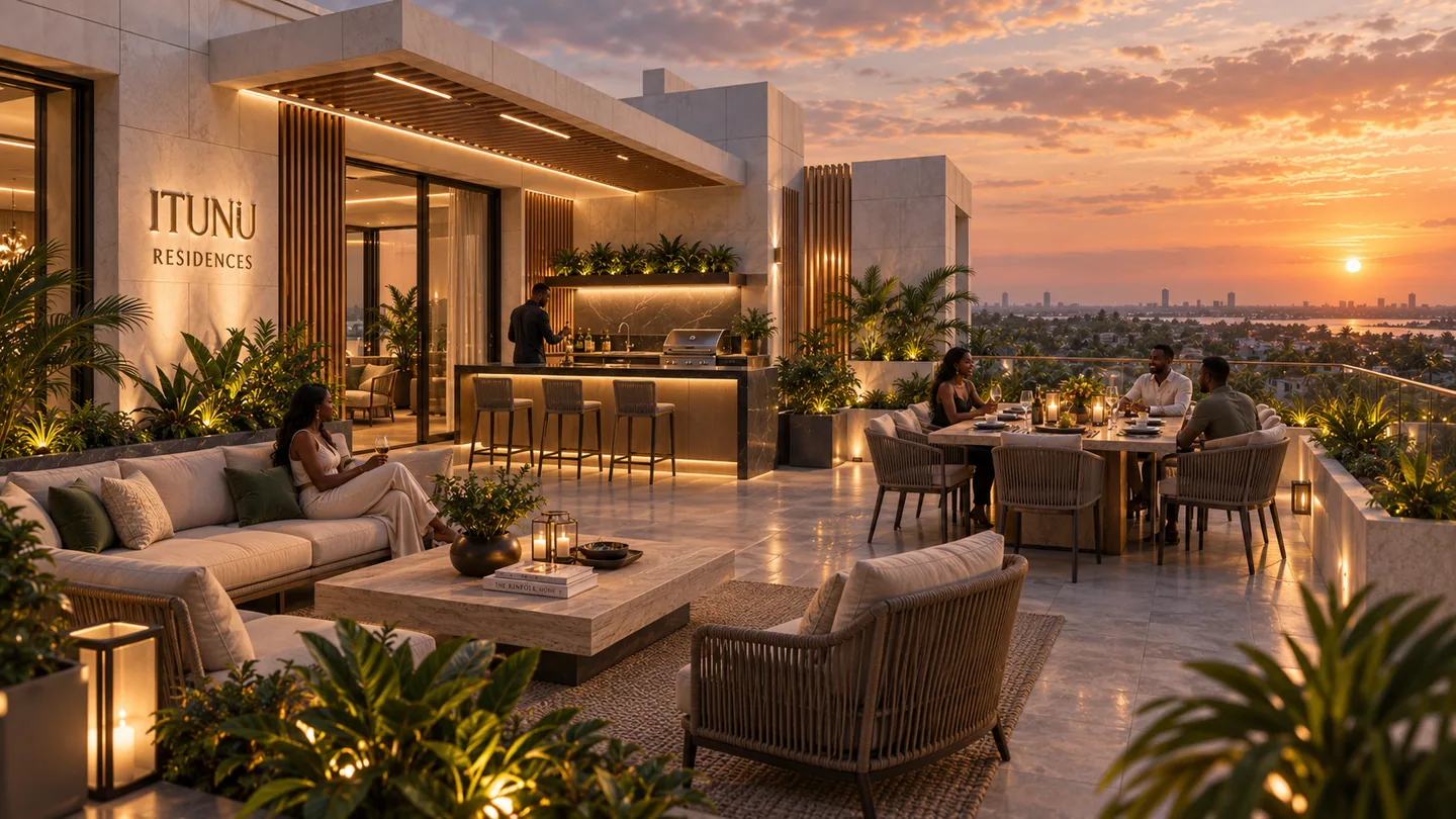 Landscape rooftop terrace at sunset with 'ITUNU RESIDENCES' branded wall signage on the rooftop bar, residents dining and lounging, sun visible on the horizon.