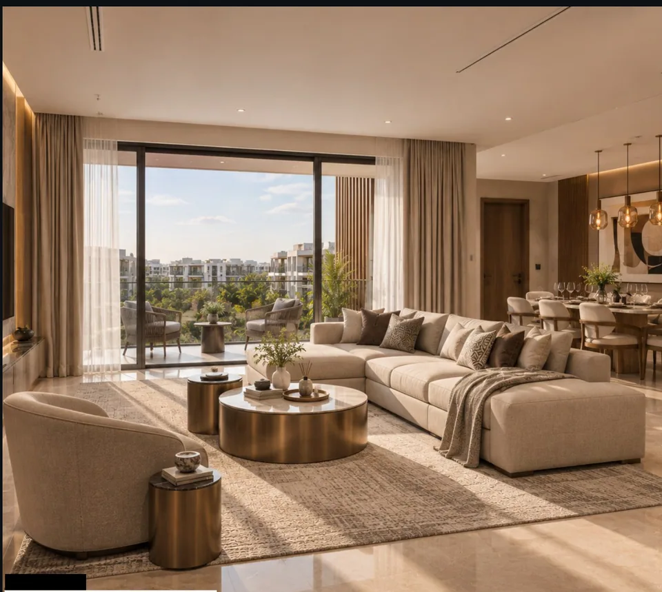 Three-bedroom living room in daylight: large sectional sofa and two swivel armchairs around a bronze-rimmed coffee table, full-height sliding glazing to the terrace, dining table beyond.