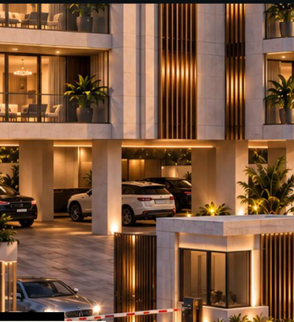 Ground level beneath the building: covered parking bays between limestone piers with a lit soffit, cars parked, bronze-screened lift lobby entrance, gatehouse and boom barrier at the street edge.