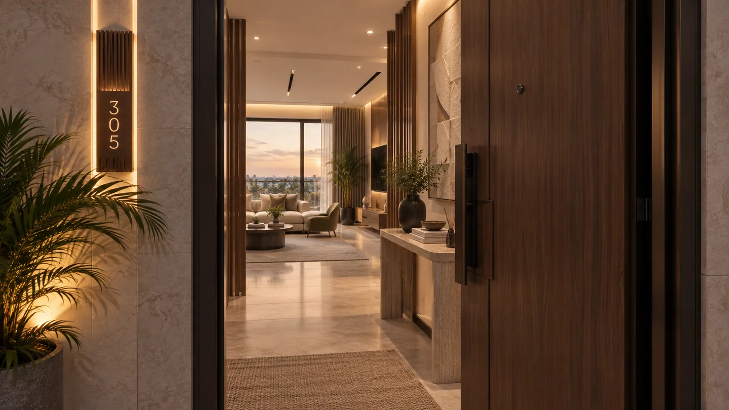 Unit door '305' opening ajar to reveal the foyer and living room beyond, sunset glow through the far window.